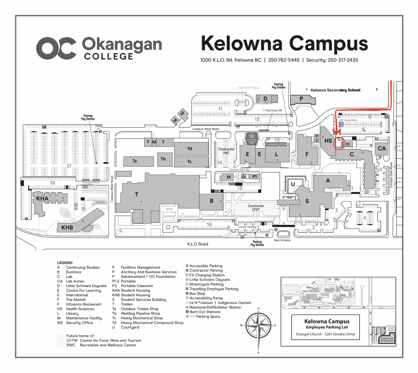Okanagan College Kelowna campus map with a red route to the circled drop-off area beside Health Sciences and P2